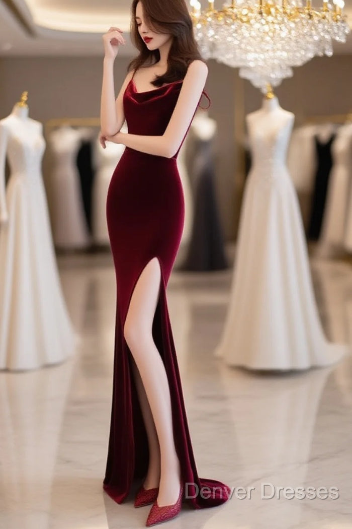 Burgundy Velvet Floor Length Mermaid Prom Dress, Velvet Bridesmaid Dress Main image