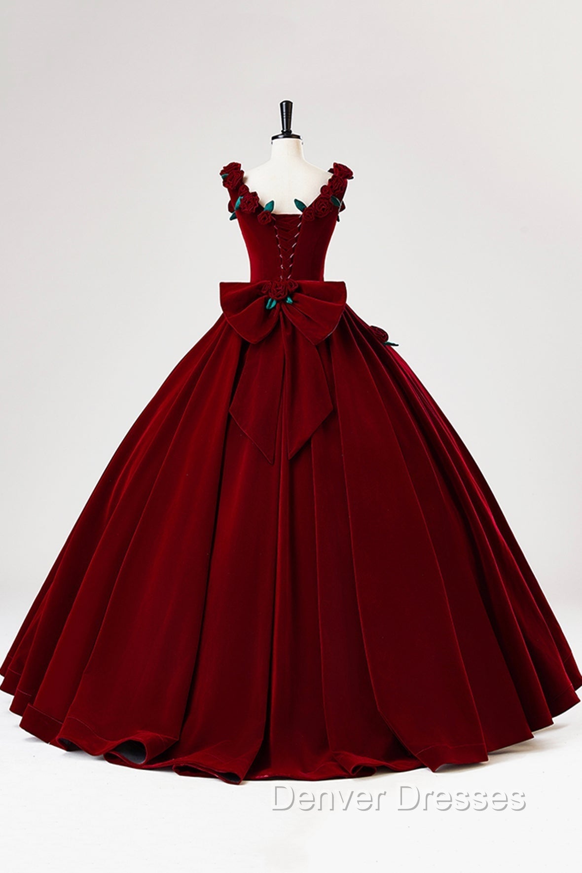 Burgundy Velvet Floor Length Prom Dress, A-Line Evening Party Dress With Flowers Secondary image