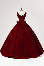 Burgundy Velvet Floor Length Prom Dress, A-Line Evening Party Dress With Flowers