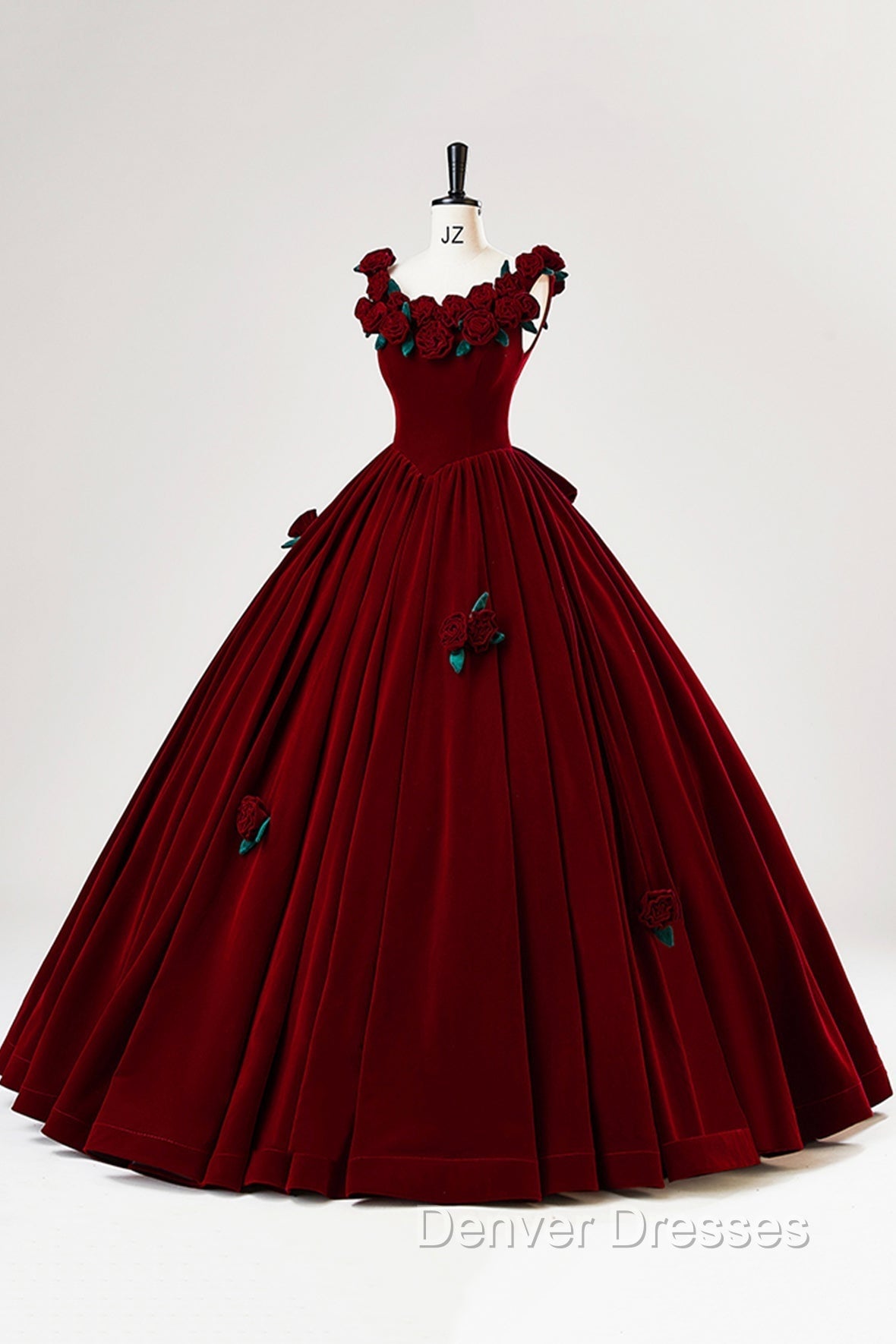 Burgundy Velvet Floor Length Prom Dress, A-Line Evening Party Dress With Flowers
