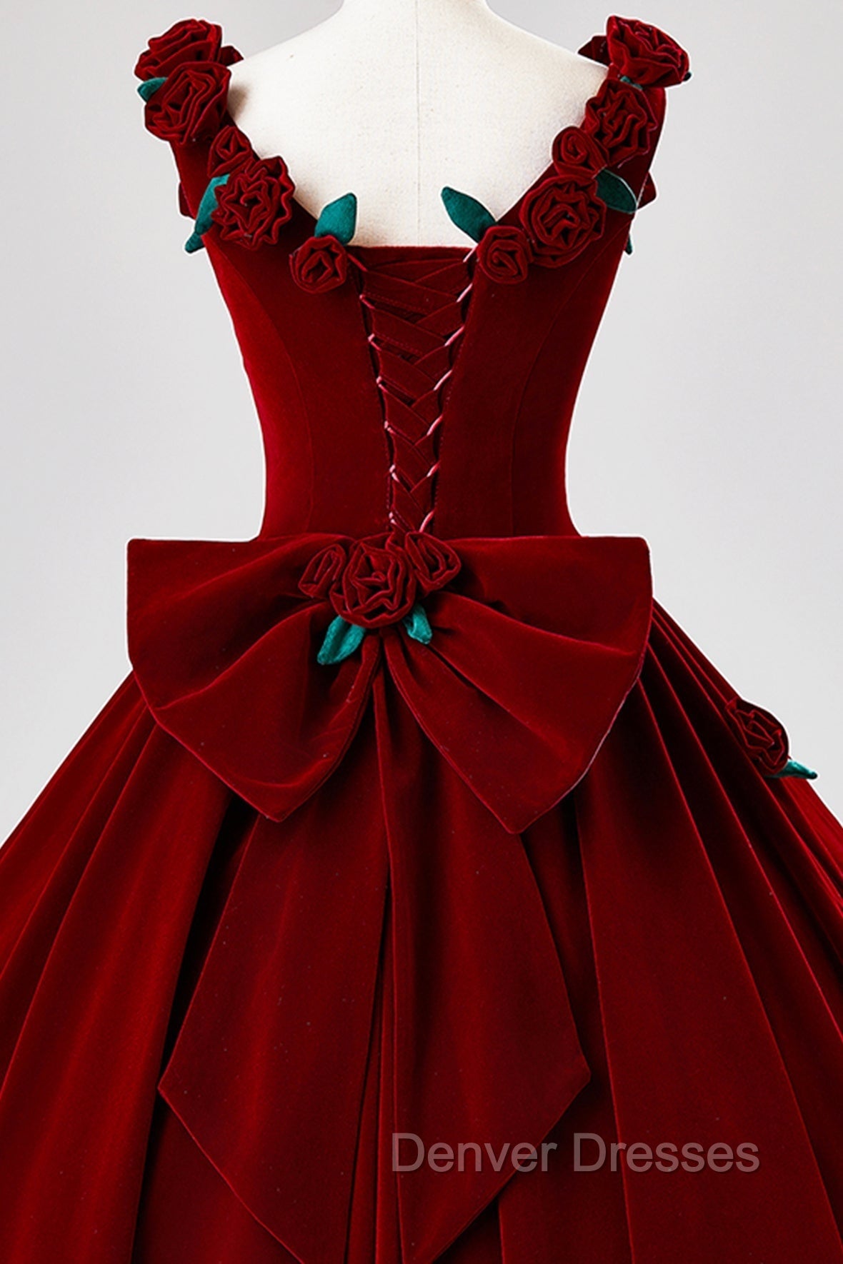 Burgundy Velvet Floor Length Prom Dress, A-Line Evening Party Dress With Flowers