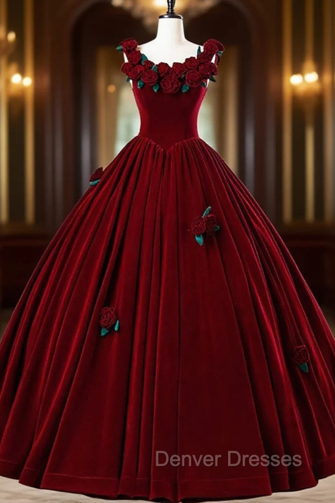 Burgundy Velvet Floor Length Prom Dress, A-Line Evening Party Dress With Flowers Main image