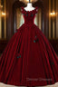 Burgundy Velvet Floor Length Prom Dress, A-Line Evening Party Dress With Flowers