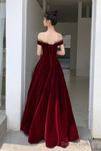 Burgundy Velvet Floor Length Prom Dress, Beautiful A-Line Evening Party Dress