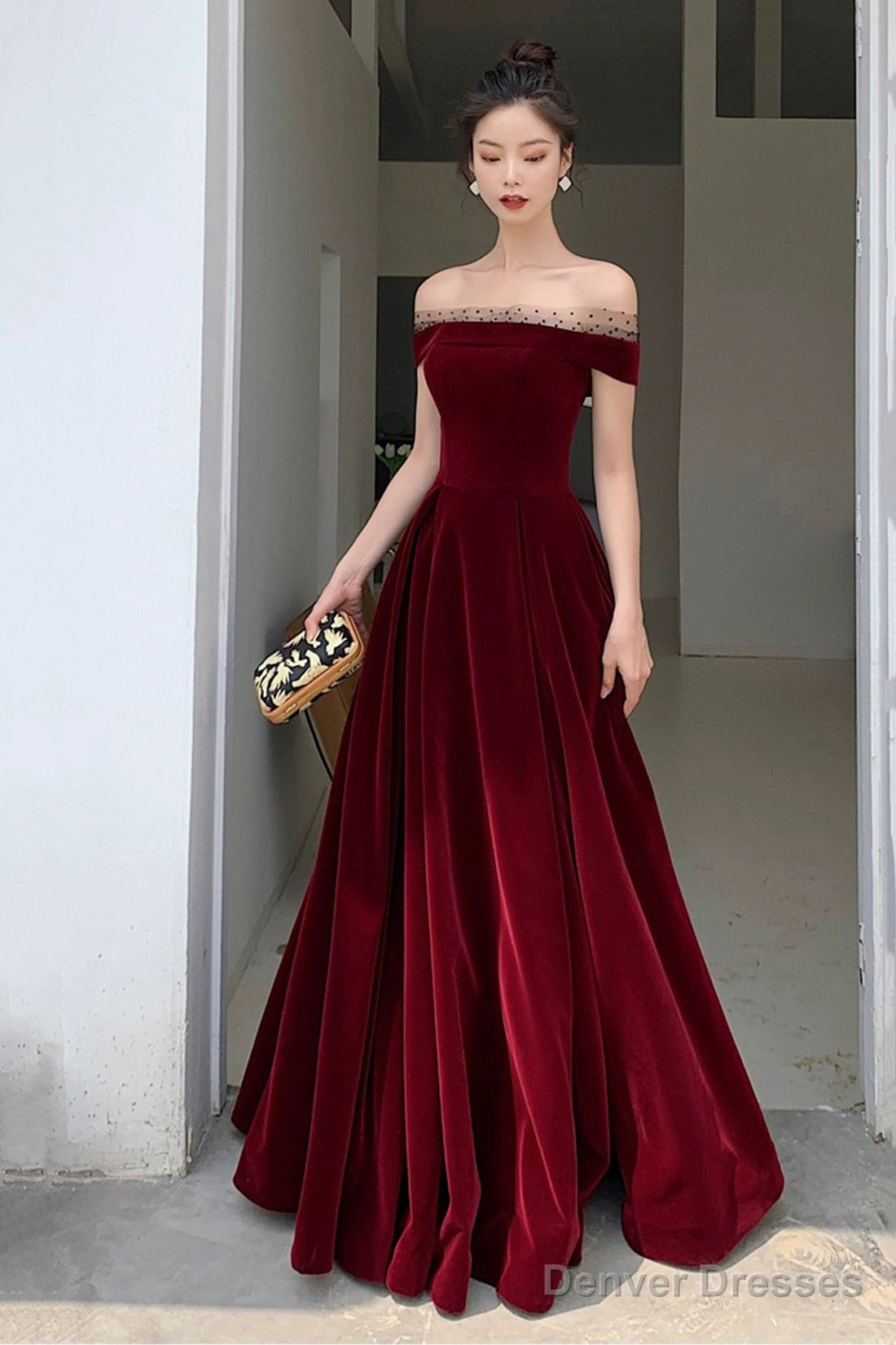Burgundy Velvet Floor Length Prom Dress, Beautiful A-Line Evening Party Dress