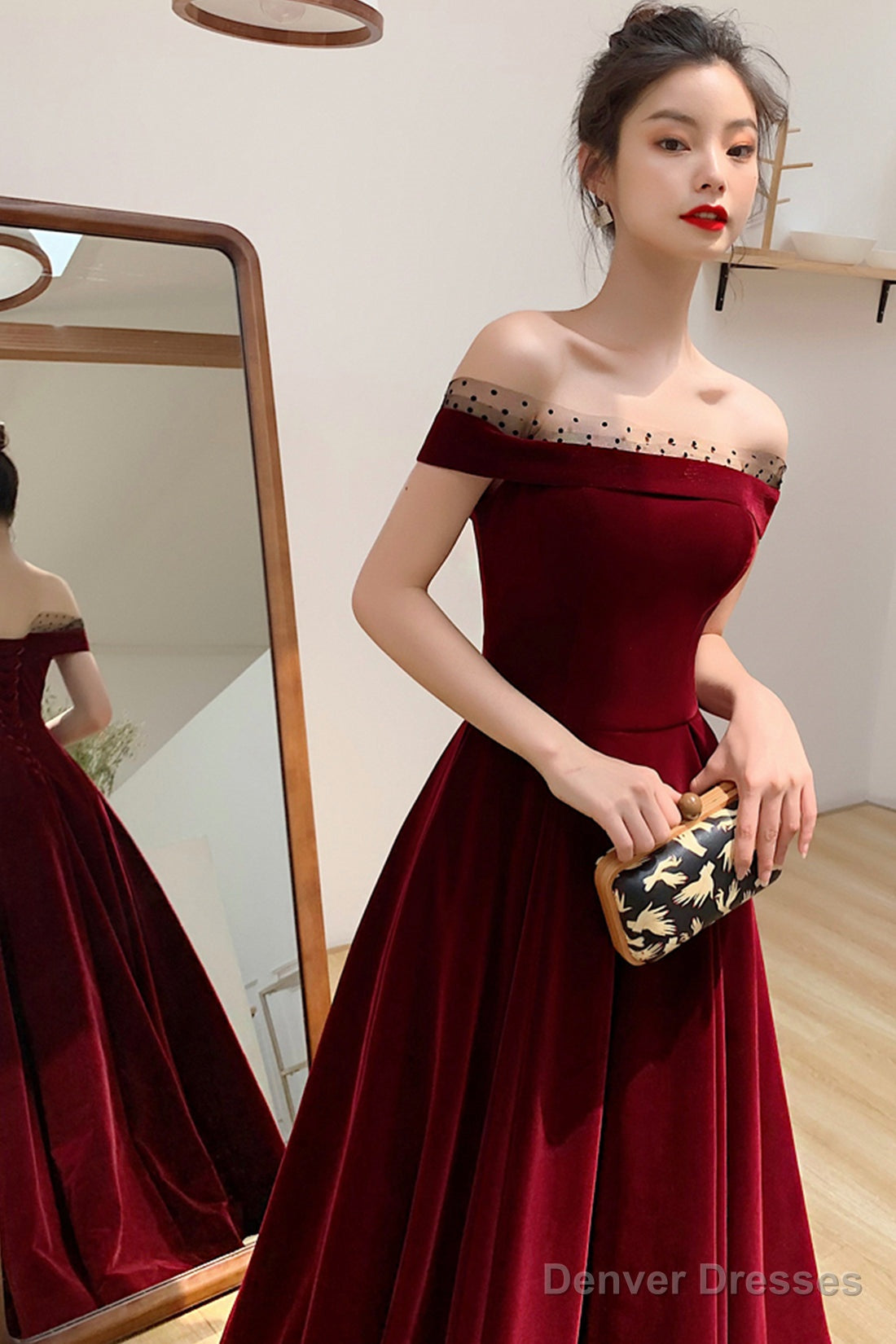 Burgundy Velvet Floor Length Prom Dress, Beautiful A-Line Evening Party Dress