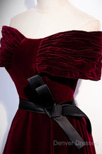 Burgundy Velvet Floor Length Prom Dress, Elegant Off The Shoulder Party Dress