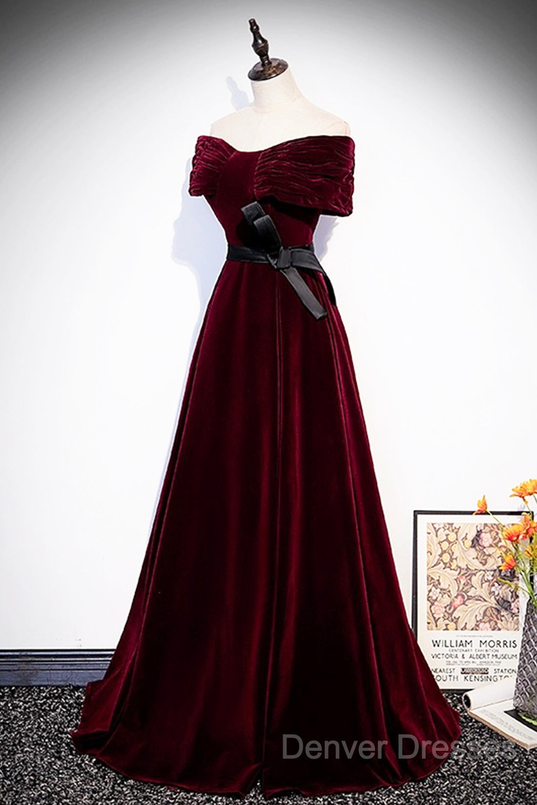 Burgundy Velvet Floor Length Prom Dress, Elegant Off The Shoulder Party Dress
