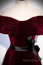 Burgundy Velvet Floor Length Prom Dress, Elegant Off The Shoulder Party Dress