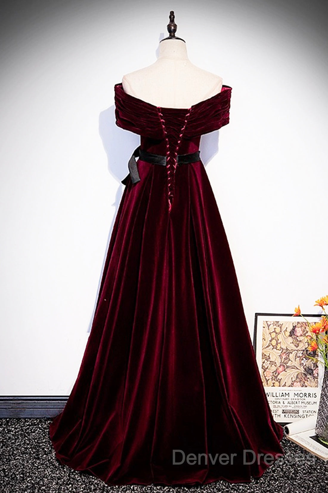 Burgundy Velvet Floor Length Prom Dress, Elegant Off The Shoulder Party Dress
