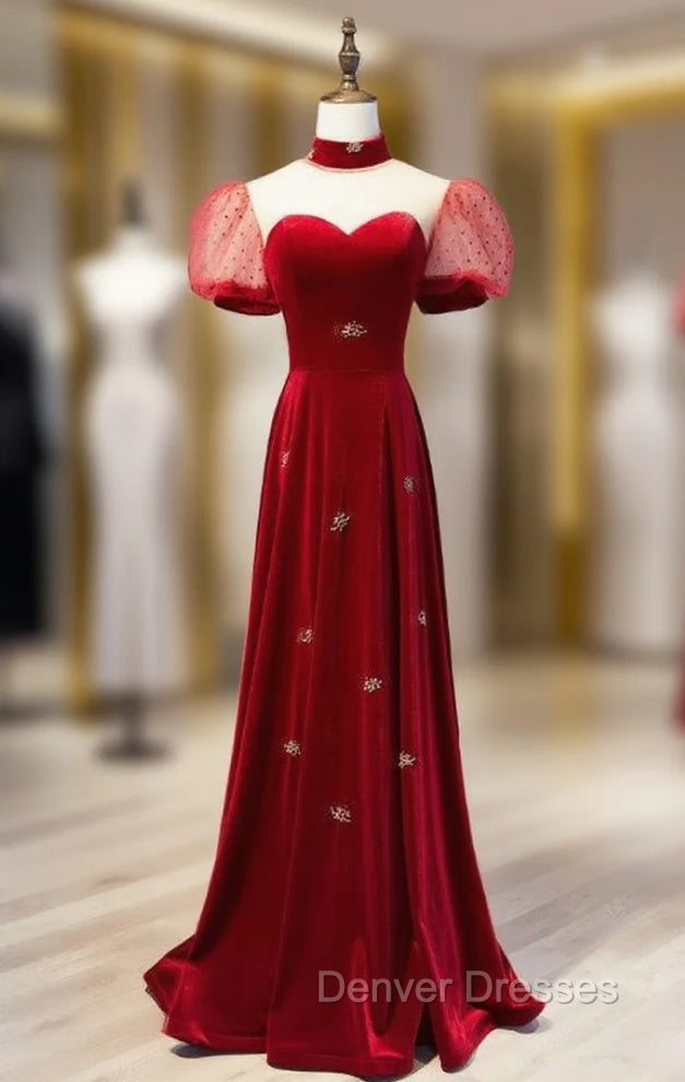 Burgundy Velvet High Neck Puff Sleeve Prom Dress Main image