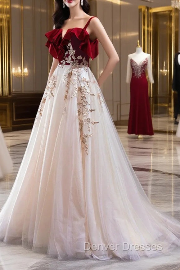 Burgundy Velvet Lace Long Prom Dress, A-Line Off Shoulder Evening Dress