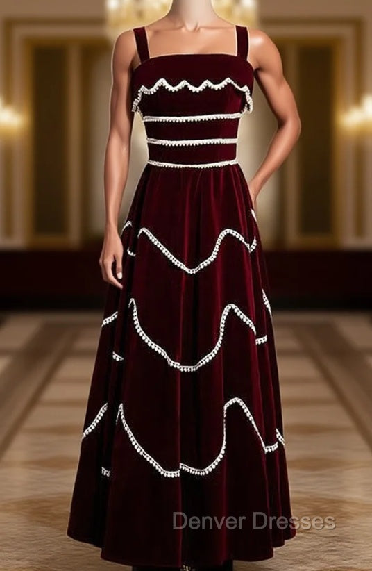 Burgundy Velvet Lace Straps Pearls Prom Dress Main image