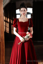 Burgundy Velvet Long A-Line Prom Dress, A-Line Short Sleeve Evening Party Dress