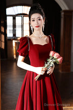 Burgundy Velvet Long A-Line Prom Dress, A-Line Short Sleeve Evening Party Dress