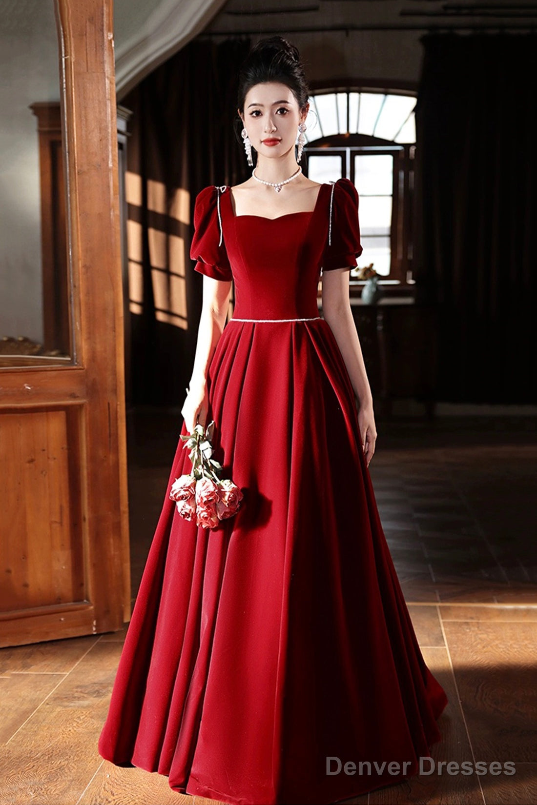 Burgundy Velvet Long A-Line Prom Dress, A-Line Short Sleeve Evening Party Dress Main image
