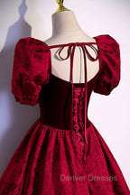 Burgundy Velvet Long A-Line Prom Dress, Burgundy Short Sleeve Evening Dress