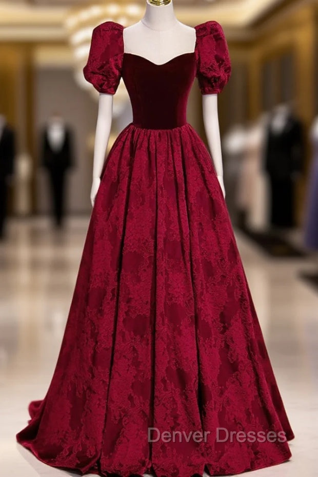 Burgundy Velvet Long A-Line Prom Dress, Burgundy Short Sleeve Evening Dress Main image
