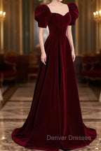 Burgundy Velvet Long A-Line Prom Dress, Simple Short Sleeve Party Dress