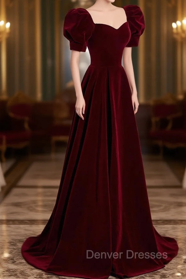 Burgundy Velvet Long A-Line Prom Dress, Simple Short Sleeve Party Dress