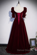 Burgundy Velvet Long Evening Party Dress, A-Line Short Sleeve Prom Dress