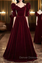 Burgundy Velvet Long Evening Party Dress, A-Line Short Sleeve Prom Dress