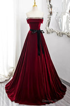 Burgundy Velvet Long Formal Dress, Off The Shoulder Evening Party Dress