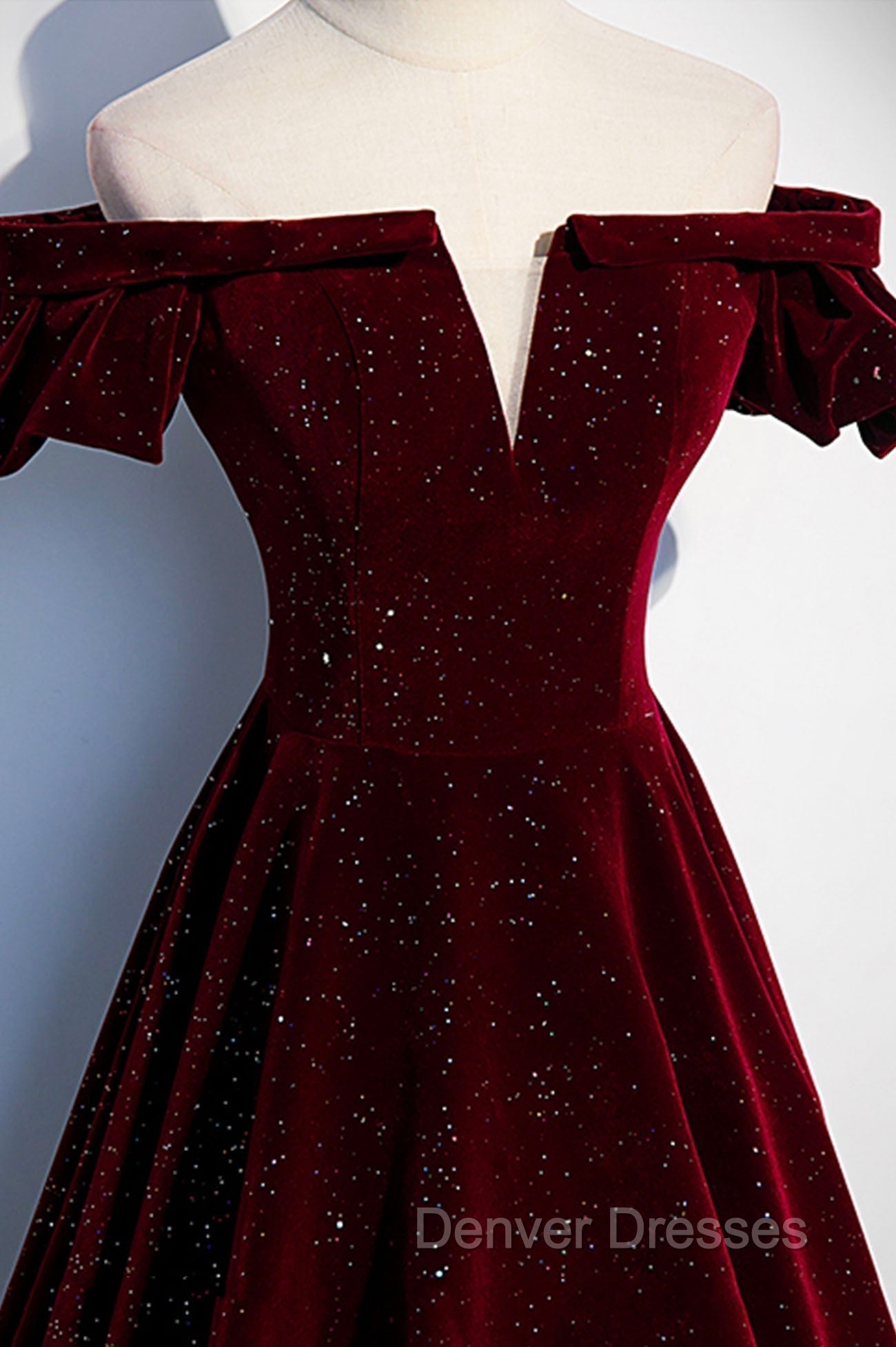 Burgundy Velvet Long Prom Dress, A-Line Off the Shoulder Evening Dress