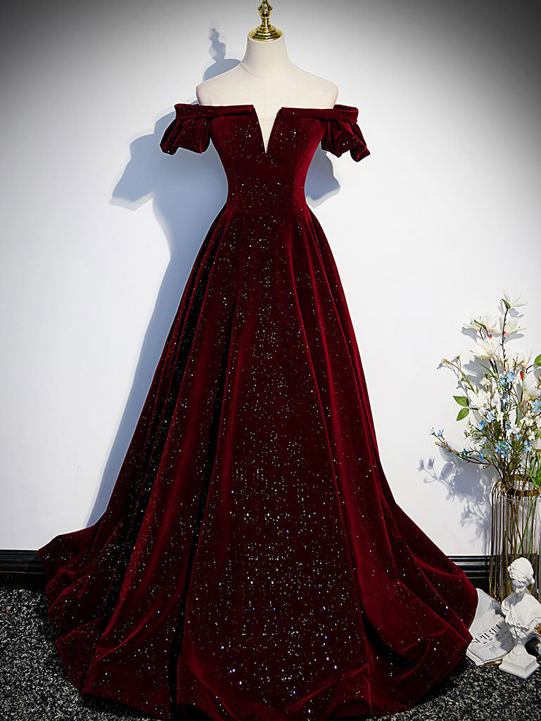 Burgundy Velvet Long Prom Dress, Burgundy Long Formal Dress Main image