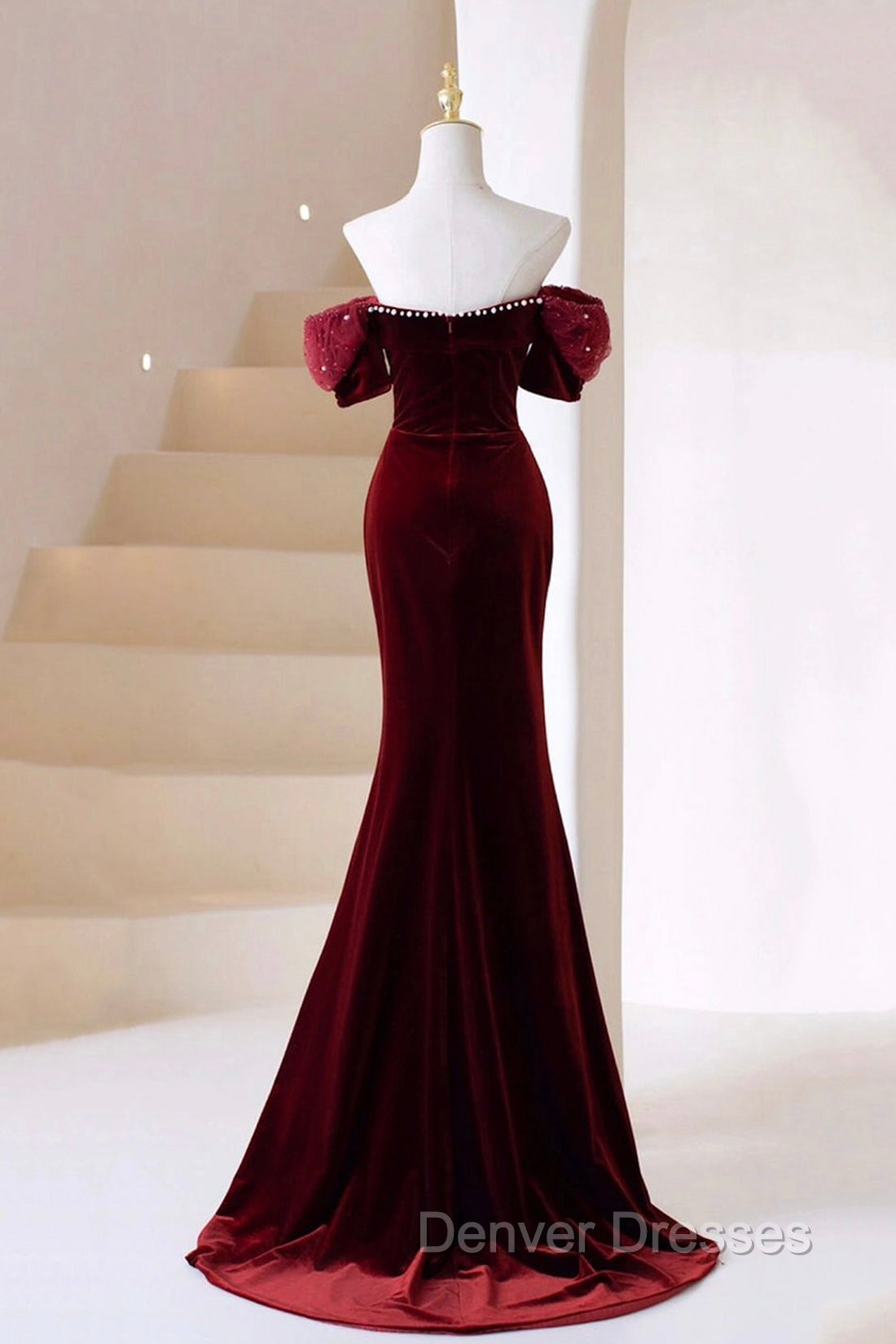 Burgundy Velvet Long Prom Dress, Burgundy Off Shoulder Pearl Evening Dress Secondary image