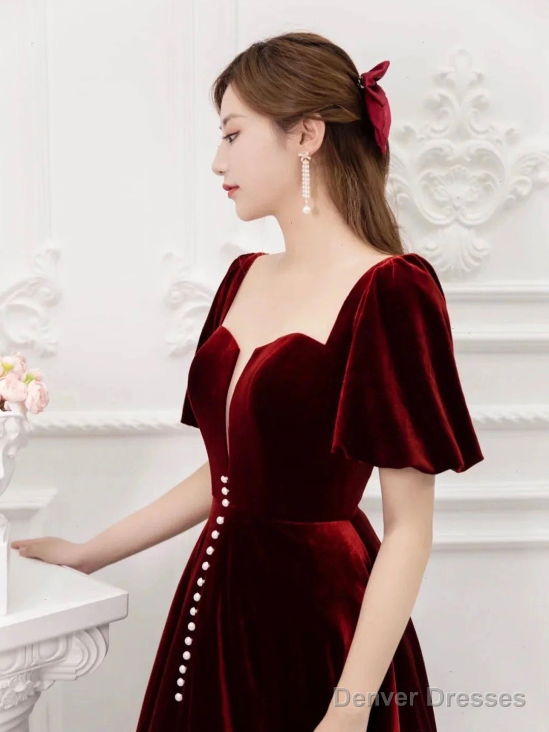 Burgundy Velvet Long Prom Dress, Elegant A-Line Short Sleeve Evening Party Dress Secondary image