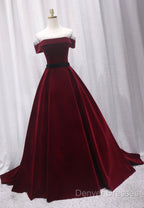 Burgundy Velvet Long Prom Dress, A-Line Evening Dress