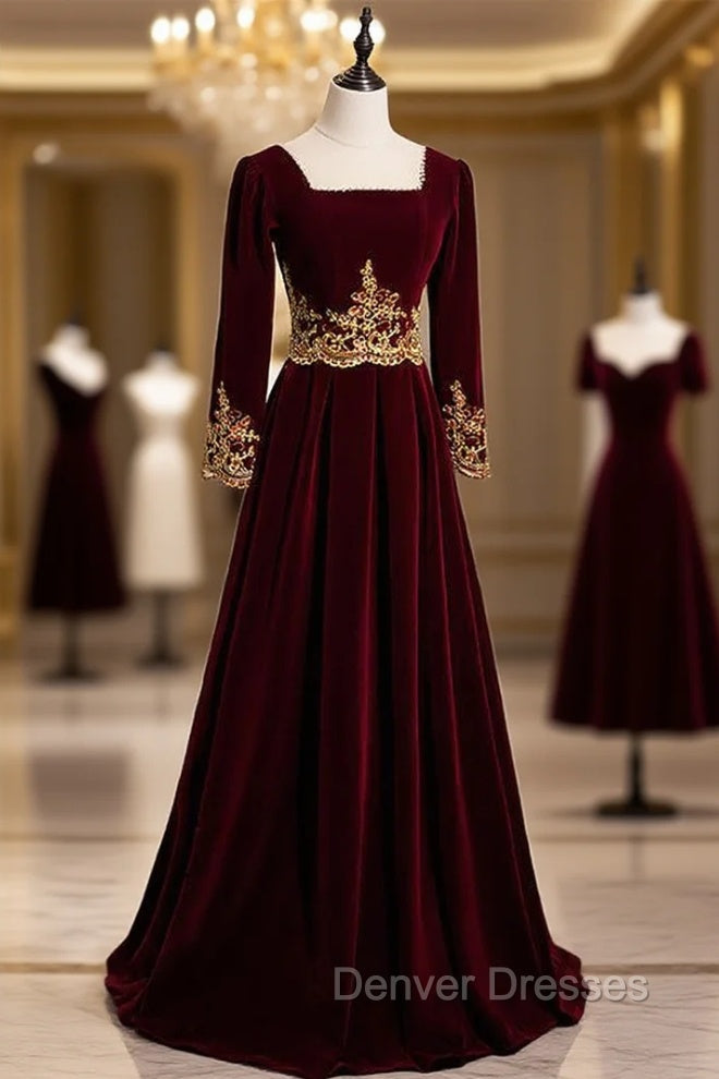 Burgundy Velvet Long Sleeve Appliques Square Prom Dress