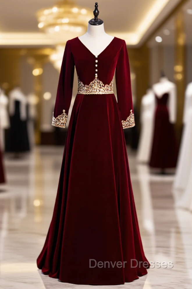 Burgundy Velvet Long Sleeve Appliques V-neck Prom Dress Main image