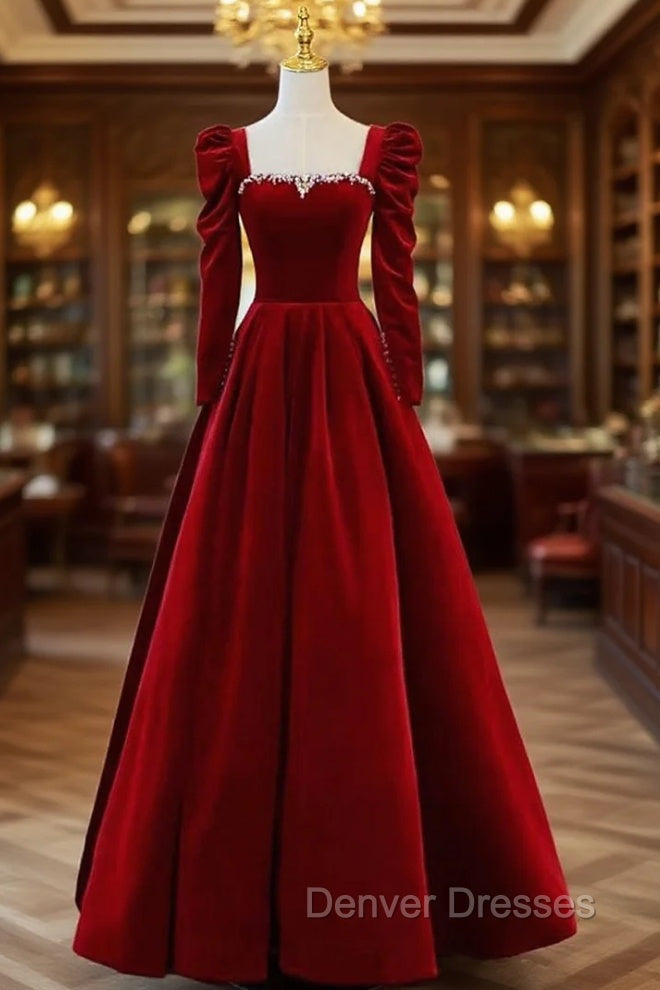 Burgundy Velvet Long Sleeve Crystal Prom Dress Main image