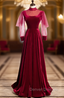 Burgundy Velvet Long Sleeve High Neck Backless Prom Dress