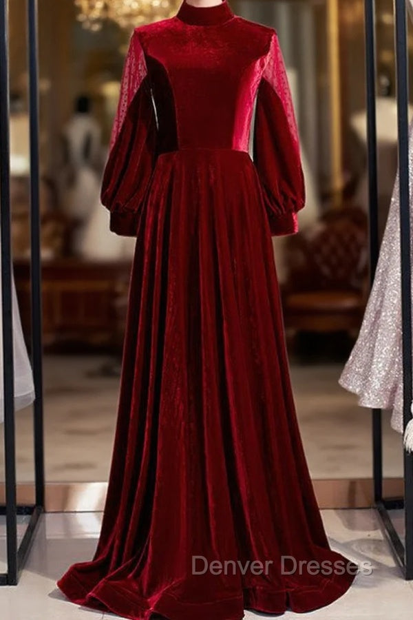 Burgundy Velvet Long Sleeve High Neck Prom Dress Main image