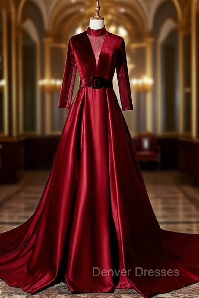 Burgundy Velvet Long Sleeve High Neck See Through Back Prom Dress Main image