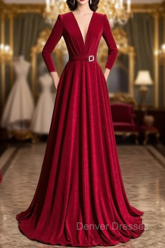 Burgundy Velvet Long Sleeve Pleats Prom Dress
