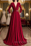 Burgundy Velvet Long Sleeve Pleats Prom Dress