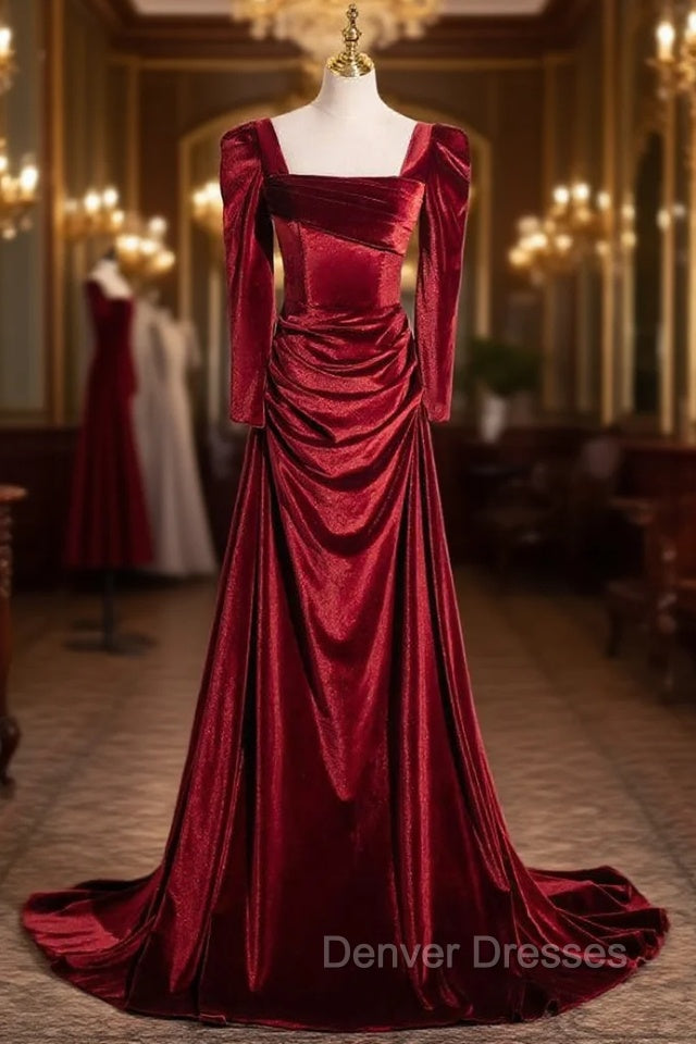 Burgundy Velvet Long Sleeve Pleats Square Prom Dress Main image