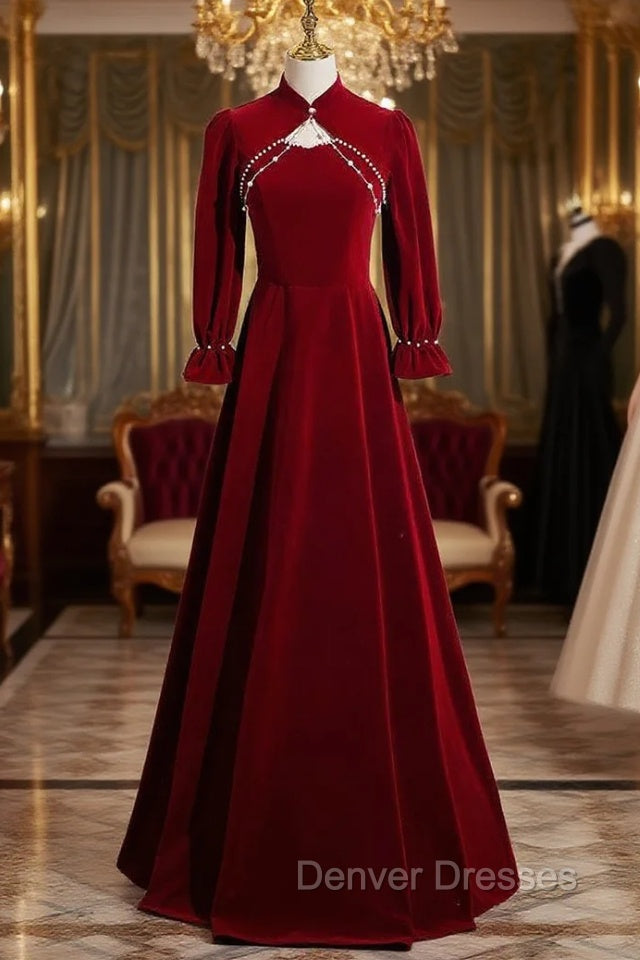 Burgundy Velvet Long Sleeve Prom Dress