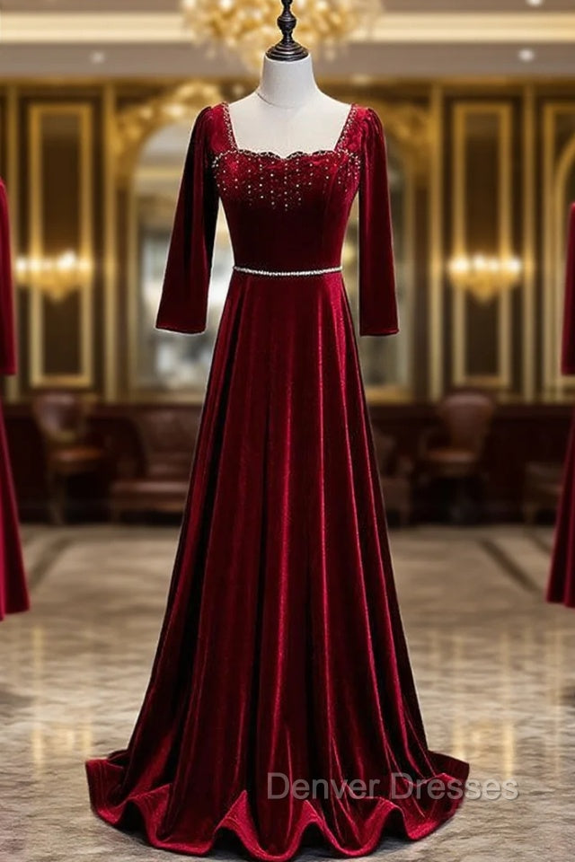 Burgundy Velvet Long Sleeve Square Beading Prom Dress Main image