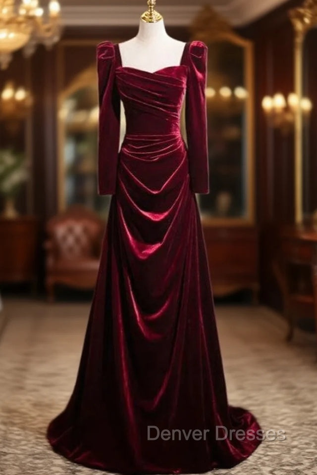 Burgundy Velvet Long Sleeve Square Neck Pleats Prom Dress