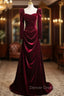 Burgundy Velvet Long Sleeve Square Neck Pleats Prom Dress