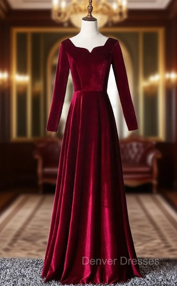 Burgundy Velvet Long Sleeve Square Prom Dress Main image