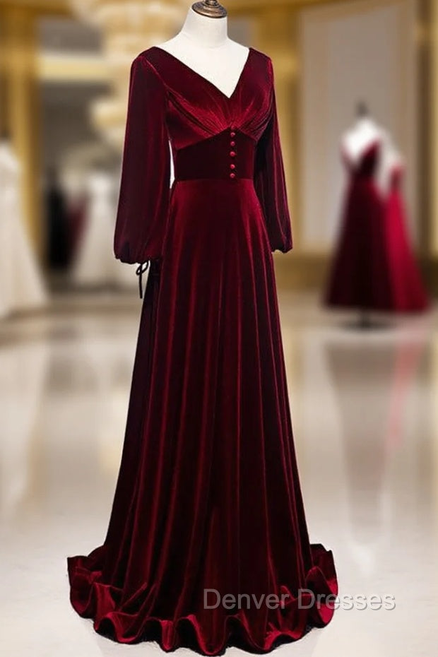 Burgundy Velvet Long Sleeves A-line Prom Dress, Long Simple Bridesmaid Dress Secondary image