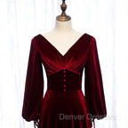 Burgundy Velvet Long Sleeves A-line Prom Dress, Long Simple Bridesmaid Dress