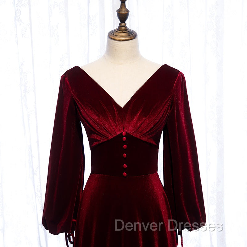 Burgundy Velvet Long Sleeves A-line Prom Dress, Long Simple Bridesmaid Dress