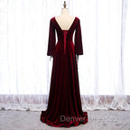 Burgundy Velvet Long Sleeves A-line Prom Dress, Long Simple Bridesmaid Dress